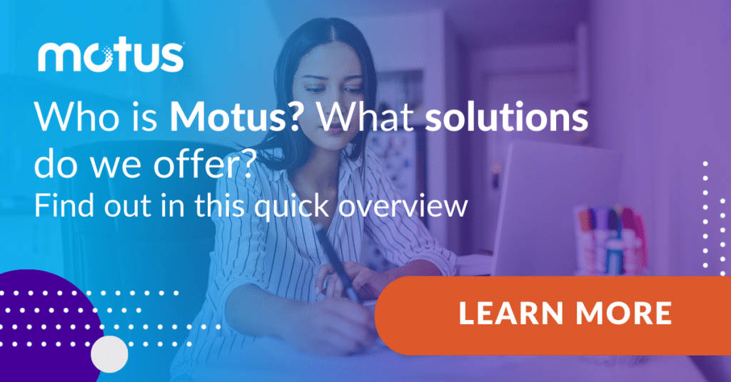 Graphic stating "Who is Motus? What solutions do we offer? Find out in this quick overview" with button to "Learn more" paralleling customer-centric CFO