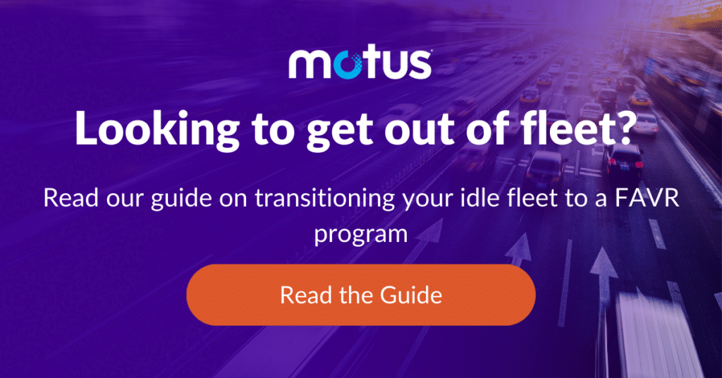 Graphic stating "Looking to get out of fleet? Read our guide on transitioning your idle fleet to a FAVR program" with a prompt to read the guide, evoking fleet prices