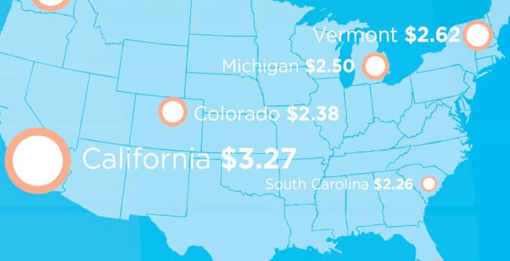 Blue map of United States with orange circles picking out specific cities