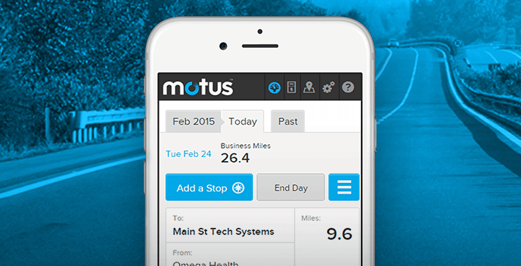 Cellphone screen showing Motus software in front of a blue background of the outdoors