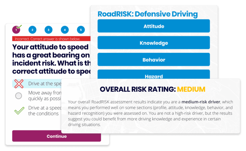 Three overlapping screens with Motus Drive Safe information