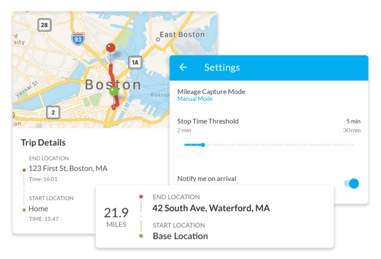 Three overlapping screens with map and trip details