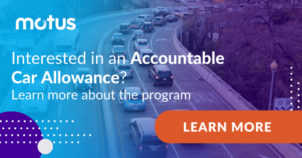 Graphic stating "Interested in an Accountable Car Allowance? Learn more about the program" with button to learn more. Tied to company mileage.