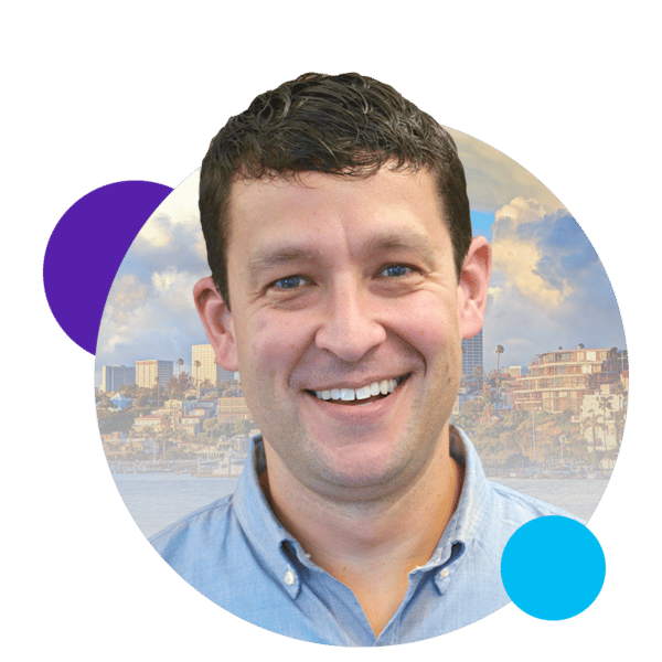 Man's headshot in a circle with a city skyline in the background