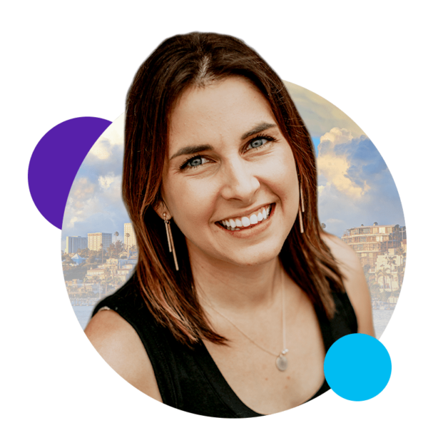 Woman's headshot in a circle with a city skyline in the background