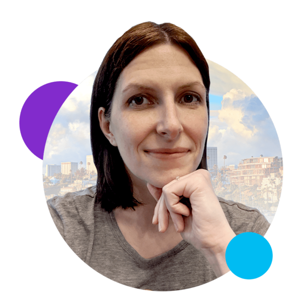 Woman's headshot in a circle with a city skyline in the background