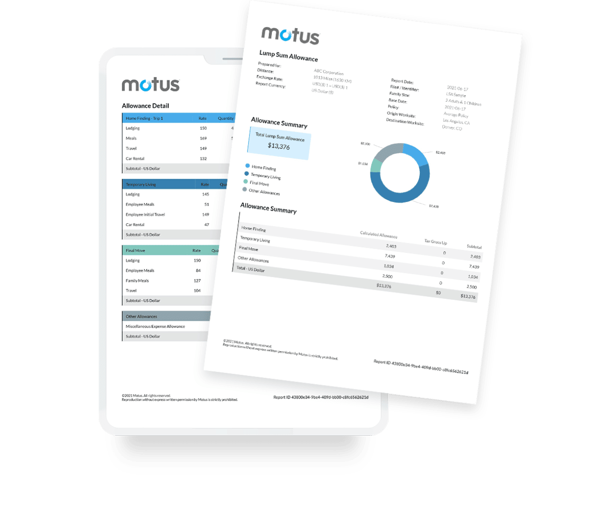 White tablet and overlapping paper with Motus Lump Sum Allowance information