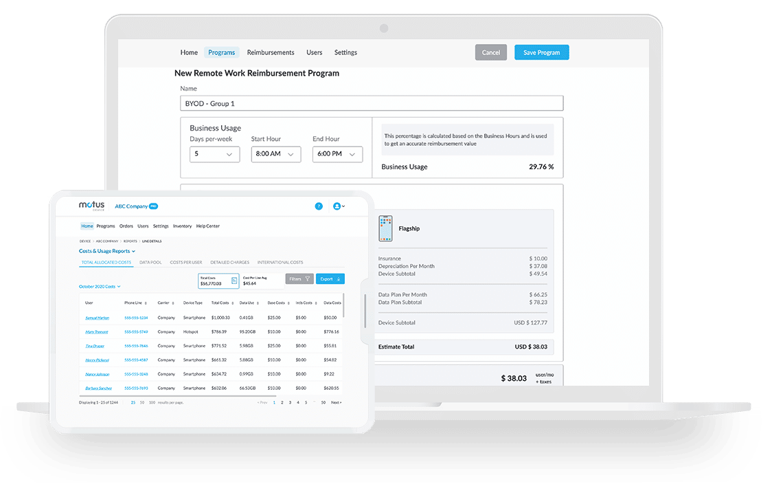 Laptop and cell phone screen with Remote Work Reimbursement Program information