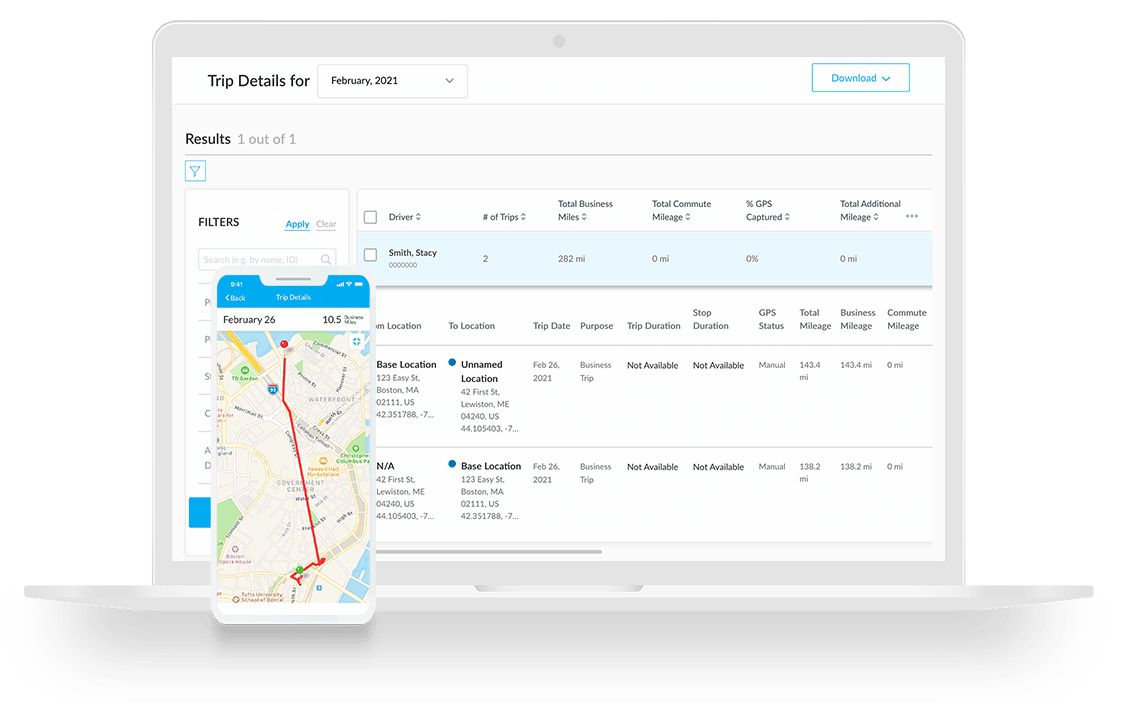 Laptop and cell phone screen with trip details and a map