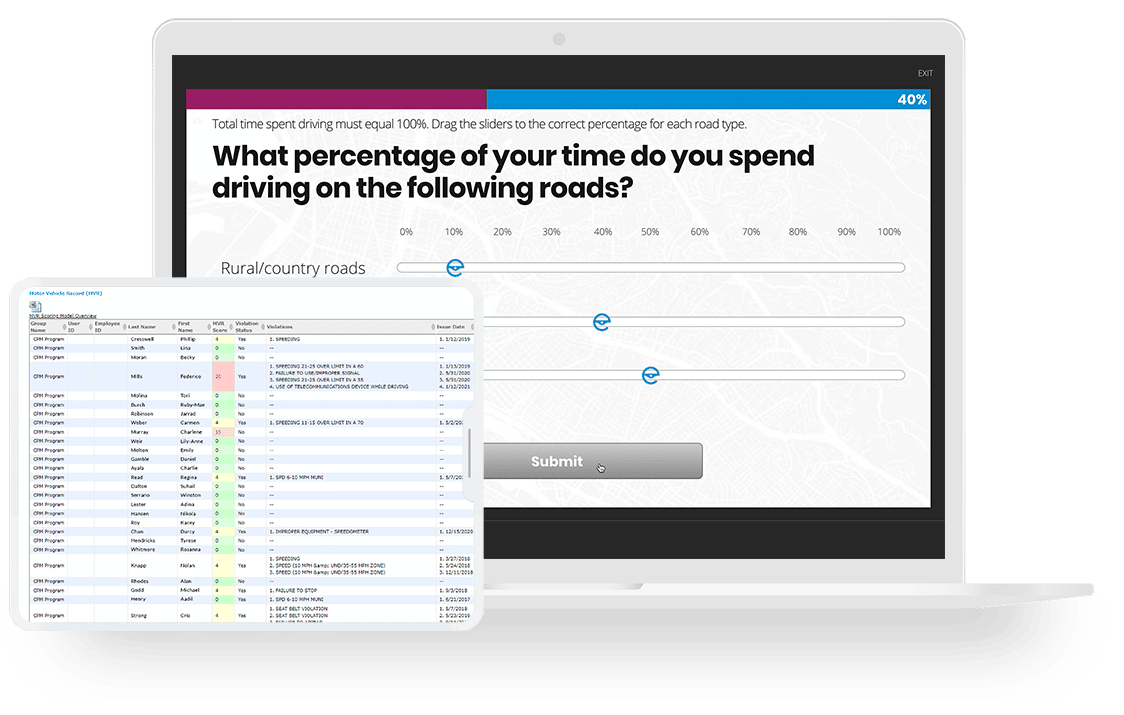 Laptop screen and overlapping tablet with driving information