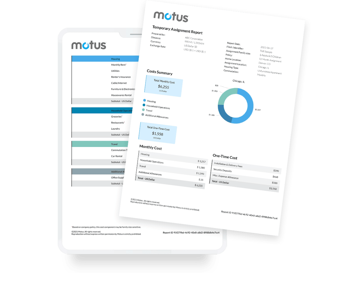 White tablet and overlapping paper with Motus Temporary Assignment Reports