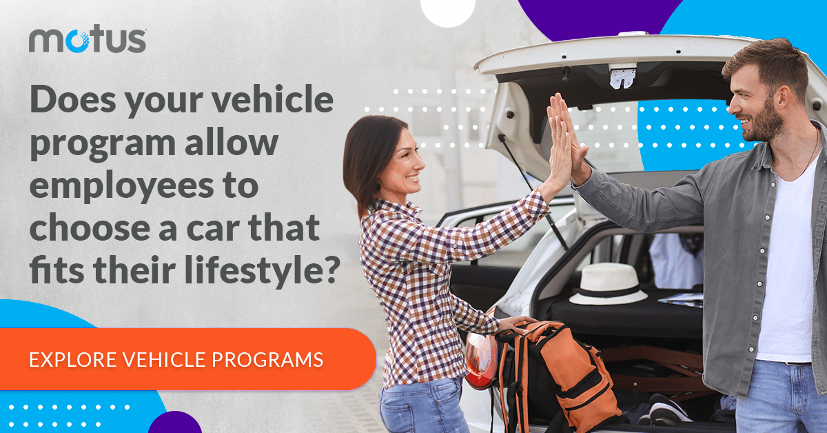 image of two people high fiving behind car, text asks "does your vehicle program allow employees to choose a car that fits their lifestyle?" Directs to business vehicle programs 101 guide