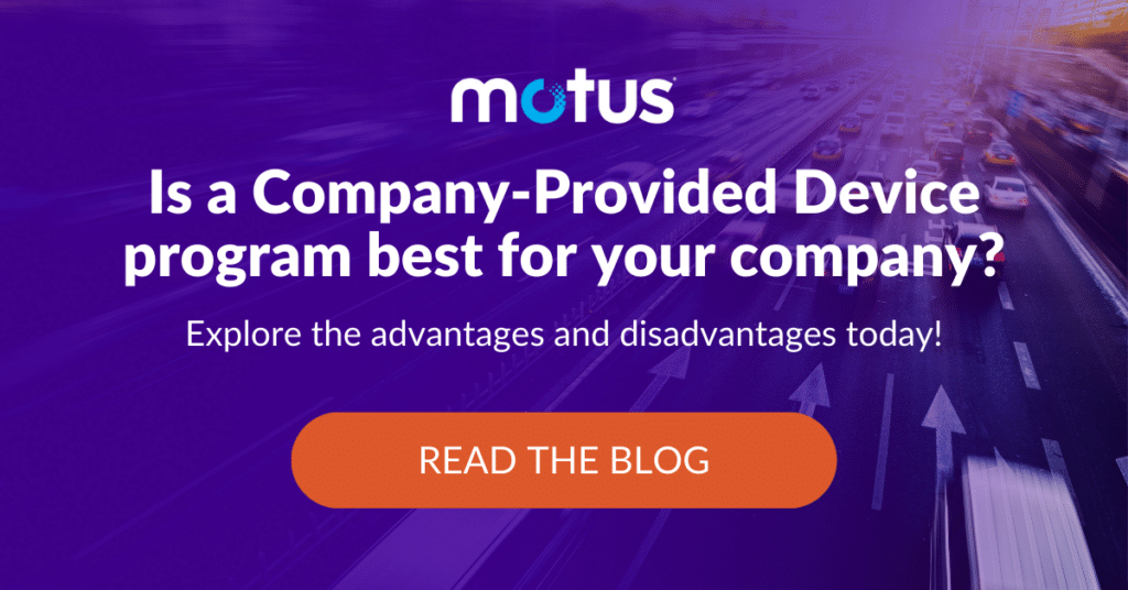 Graphic stating "Is a Company-Provided Device program best for your company? Explore the advantages and disadvantages today!" with a button to read the blog