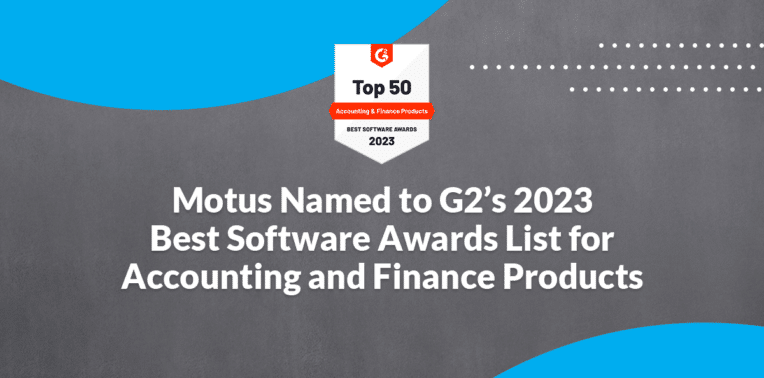 graphic stating "Motus Named to G2’s 2023 Best Software Awards List for Accounting and Finance Products"