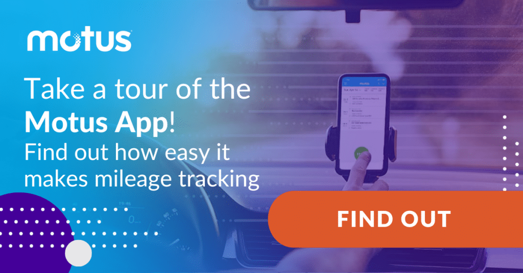 graphic stating "Take a tour of the Motus App! Find out how easy it makes mileage tracking" with button to find out, paralleling transitioning out of a cents-per-mile program