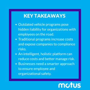 A clean, professional infographic titled "Key Takeaways: Every Company Has a Risk in Motion." The design features four sections with icons and concise text in Motus brand colors (blue, white, gray): 1. "Hidden Liability" - Every mile driven carries financial and compliance risk." 2. "Outdated Programs" - Fleet and flat allowances create unseen costs and IRS exposure." 3. "Intelligent Solutions" - Unified platforms use automation to cut costs and improve safety." 4. "Growth Through Risk Reduction" - Smarter mobility management drives measurable ROI. A Motus logo appears at the bottom center."
